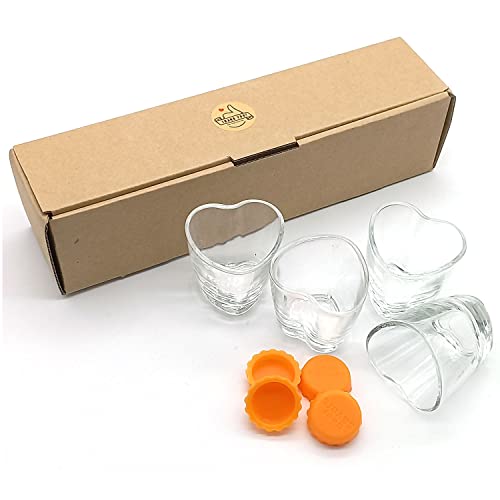 Heart Soju Shot Glasses Set Set Of 4 And Silicone Rubber Bottle Caps 4Pcs 1.7 Oz, Korean Soju, Whiskey, Tequila, Vodka, Espressos, Desserts, Party Decorations, Clear Glass (Heart) #TOP7
