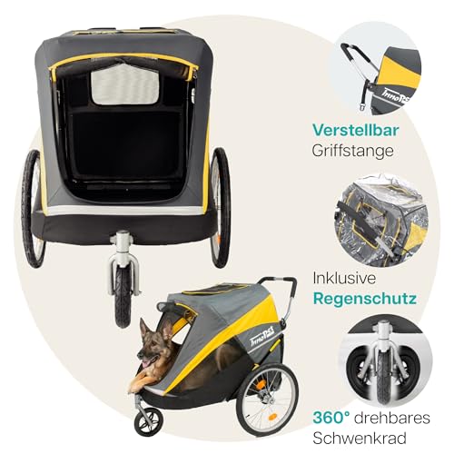 Großer Hundewagen - Innopet Hercules 2.0 Gelb/Grau - Heavy Duty Buggy Rahmen bis 50kg belastbar -inkl. Regenschutz - hintere 45cm Luftreifen/vorne pannensicheres EFA Rad - ohne Werkzeug aufzubauen