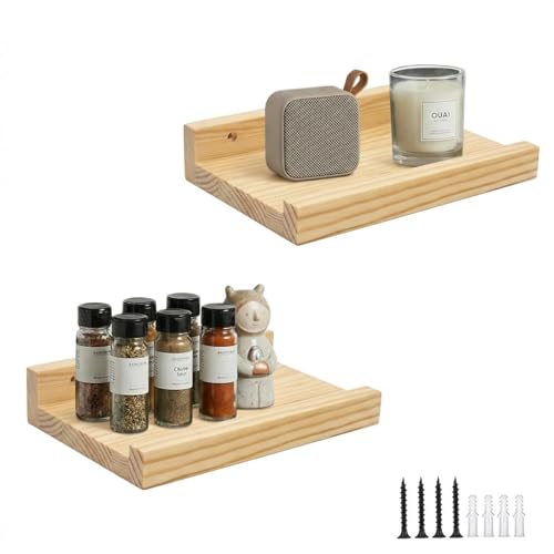 Z metnal Small Decor Shelves, Mini Floating Wooden Display Wall Shelf for Smart Speaker WiFi Collectables, Sauna Shelves, Wood, Wall Mounted, 8 x 5.5 inch, 2 Pack