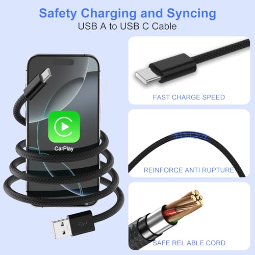 Image of USB C Cable for Carplay iPhone 17 Pro Max Air 16 15,18W 3A USB A to C Cable for Apple CarPlay & Android Auto, 1M Length Type C Charging Cord for iPad Pro, iPad A16 /Mini 6, Galaxy S25 S24 S23, Black