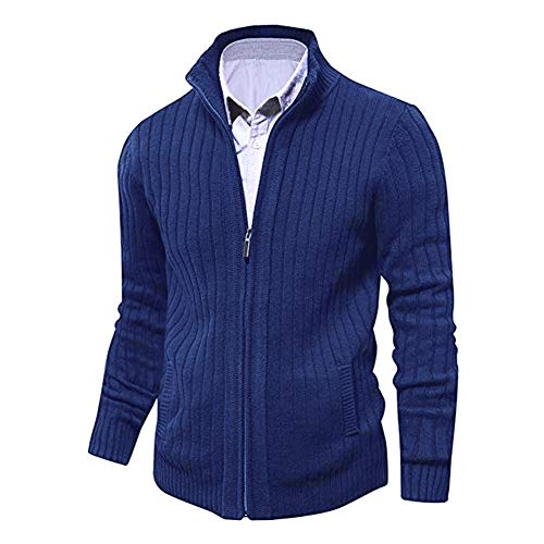 Cardigan Homme Automne Hiver Ouvrez-Front Zippé Gilet Veste Tricoté Chaud Coupe ajustée Col Droit Manche Longue avec 2 Poches Bleu Foncé L
