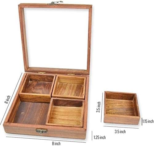 Handmade Wooden Spice Box with 4 Partitions & Spoon in Sheesham Wood - Wooden Spice Box Set for Kitchen Masala Spice Boxes