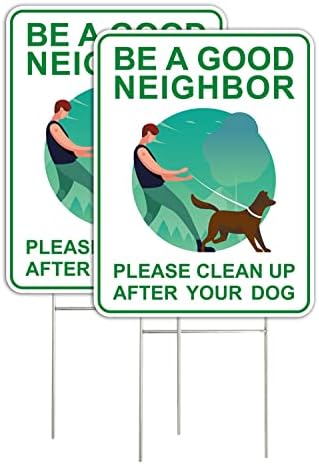 Clean Up After Your Dog Signs (2 Pack, 9 x 12") With Metal H-Stakes, Double Sided,No Dog Poop Lawn Signs,Outdoor & Sturdy