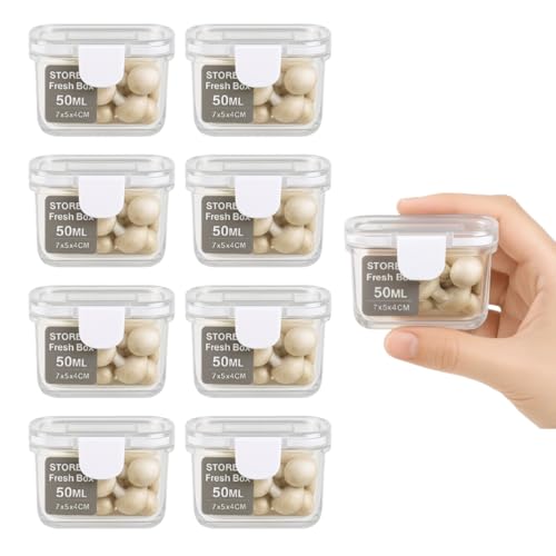 Kit 8 Mini Potes Hermético Retangular Plástico Transparente 50ml 7x5x4cm Tampa c/Trava de Segurança, Organizador de Alimentos, Porta Molhos, Reutilizáveis e Atóxico Livre BPA