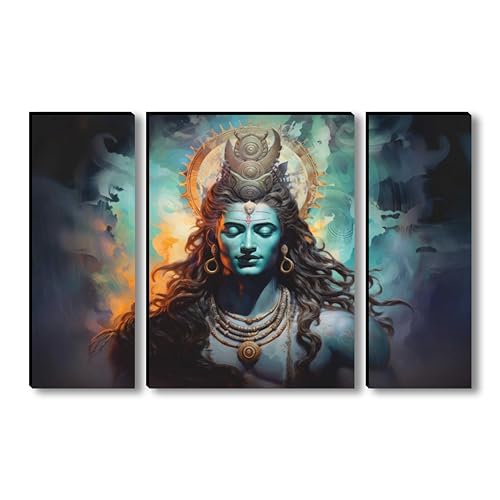 Image of SAF Lord Shiva Wall Painting - 3 Panel Spiritual Artwork | Mahadev Meditation Pose with Divine Aura | Hindu Devotional Wall Decor for Living Room, Bedroom, Pooja Room (20 x 12 Inch) JM-36109