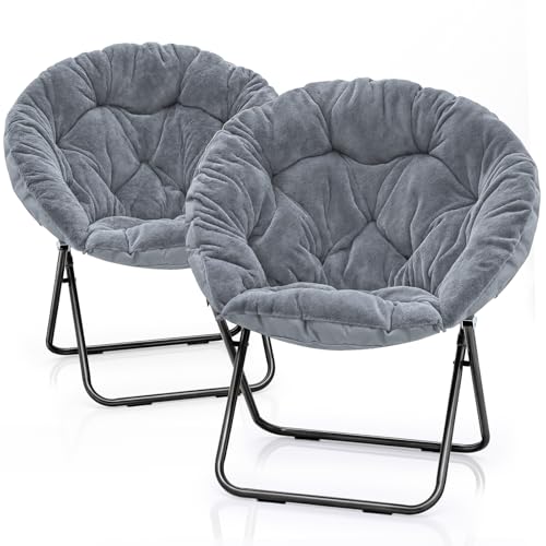 Magshion Saucer Chair for Teens Adults, Oversized Folding Cozy Moon Chair with Black Metal Frame, Furry Faux Fur Comfy Lazy Seat for Bedroom, Living Room, Dorm Room, Apartment (Grey, 2 Pack)