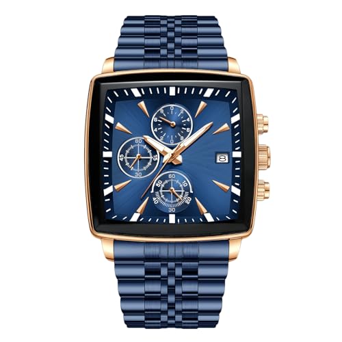 RORIOS Relojes Cuadrados para Hombre Relojes Analógico Cuarzo Reloj de Pulsera Multifuncional Negocios Reloj Simple Luminoso Correa de Acero Inoxidable Azul