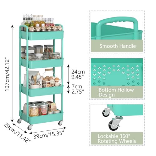 image for Sywhitta 4-Tier Plastic Rolling Utility Cart with Handle, Multi-Functi
