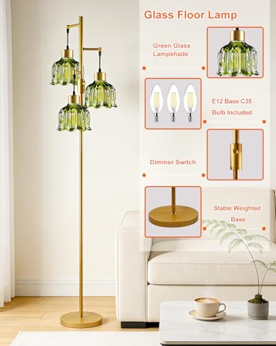 Image of Lightdot 3-Light Floral Floor Lamp 65'' Dimmable Floor Flower Lamp with Green Glass Shade& Bulbs Included, Mid Century Standing Tall Lamp with 5Lbs Heavy Base for Living Room /Bedroom /Sofa Beside-Gold