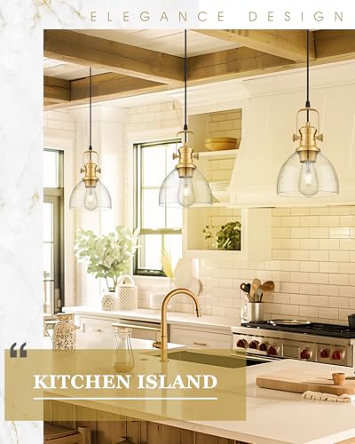 Image of 2-Pack 7.5 inch Brushed Gold Pendant Lights, Clear Seeded Glass Shade | Farmhouse Vintage Hanging Light for Kitchen Island Dining Room, Adjustable Height Cord, E26 Base, AD-22151-1P2-GD