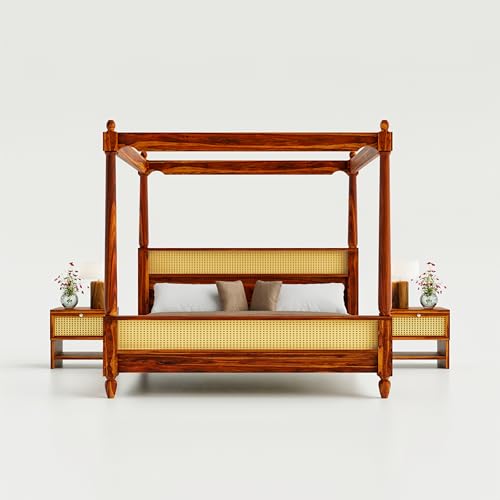 Image of Sheesham Wood Poster Bed King Size | Solid Wood Poster Bed Cot Wooden Double Bed Furniture for Bedroom Home and Hotel | Wooden Palang Divan (Natural Finish)