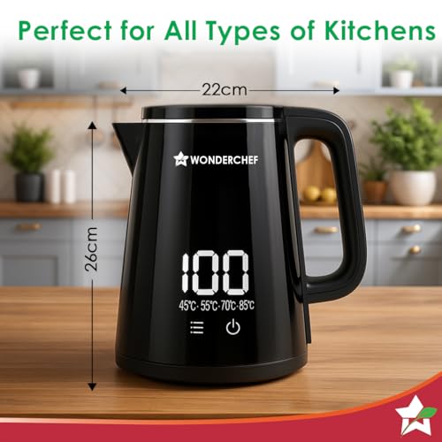 Image of Wonderchef Onyx Cool-touch Digital Kettle, 1.8 L, Stainless-steel Interior, 1350W, Choose from 4 Temperature Modes, Rapid Boiling in 5 Mins for Tea, Coffee, Instant Food, Auto Shut-off, 2-Yr Warranty