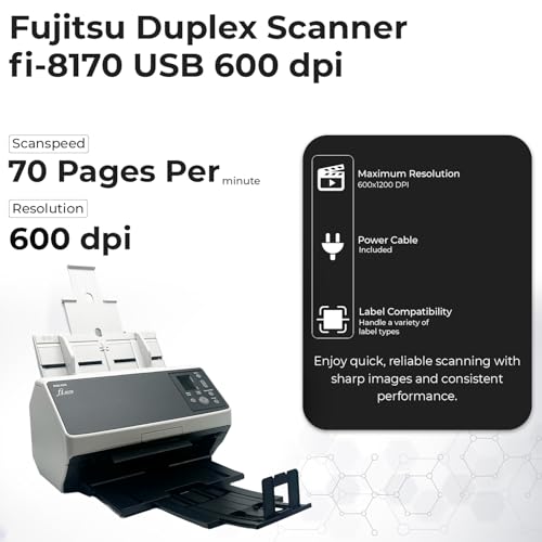 Image of Fi-8170 Professional High Speed Color Duplex Document Scanner -1 Year Warranty, Network Enabled, Scanner High Volume with Power Adapter + USB 3.2 Cable + Microfiber Cloth Included