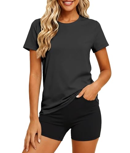 MAGCOMSEN Women's Short Sleeve T-Shirt Quick Dry UPF 50+ Workout Running Yoga Top Tee Shirts Black