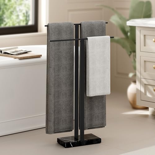 KES Standing Towel Rack with Black Natural Marble Base, 2-Tier
