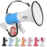 Pyle 50W Megaphone Bullhorn - Portable, Automatic Siren & Adjustable Volume,Projection Range Up to 1200 Square Yards, Aux Input, Talk, Siren, Music, Whistle, & Record, Shoulder Strap (White-Blue)