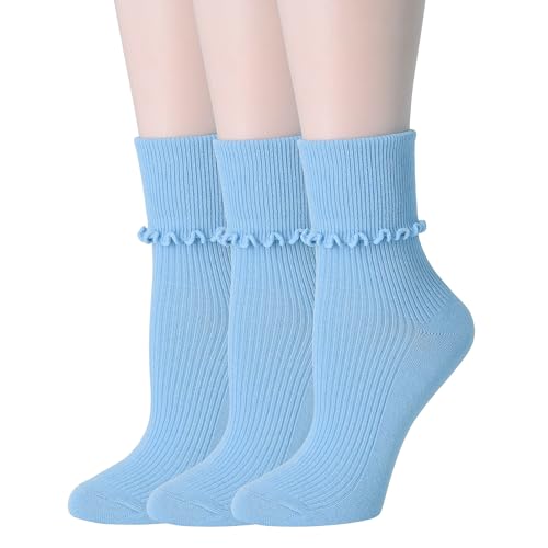 SRYL Women Ankle Socks Ruffle Turn-Cuff Lovely double needle solid color edge relent Girl socks (3 Pairs-Light Blue)