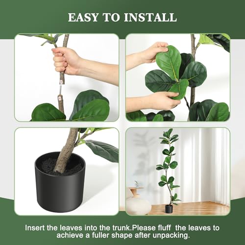 S-Shape Artificial Fiddle Leaf Fig Tree, 5ft Tall Fake Plant with Black Nursery Planter, Faux Ficus Tree for Home Office Living Room Decor