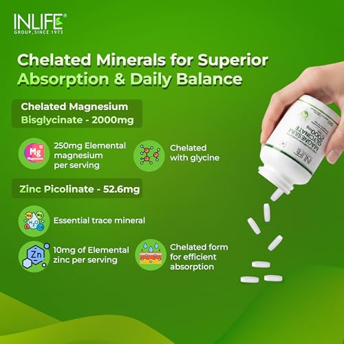 Image of INLIFE Magnesium Glycinate Unbuffered 2000mg with Zinc, Chelated Bisglycinate, Muscle Sleep & Nerve Health, Men Women (60 Tablets)