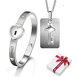 Pulseras Para Parejas Candado Y Llave 2 piezas pulsera y collar pareja Brazalete de con cerradura y cadena colgante, pulseras de acero inoxidable con cerradura de corazón joyeria, mujeres hombres cadenas para de novios amistad regalo BFF