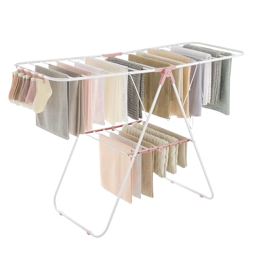 SONGMICS Clothes Drying Rack, with Sock Clips, Metal Laundry Rack, Foldable, Space-Saving, Free-Standing Airer, with 2 Height-Adjustable Gullwings, Indoor Outdoor Use, White and Pink ULLR052P01 by SONGMICS - Used condition - US$39.55