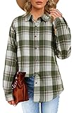 Women's Long Sleeve Plaid Shirts Flannel Collared Button Down Shacket Casual Rolled Up Boyfriend Blouse Tops