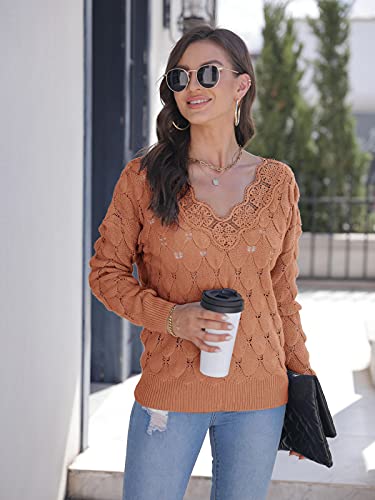 Yousify Women Lace V Neck Long Sleeve Pullover Sweaters Lightweight Knit Solid Color Novelty Jumper Tops #TOP2