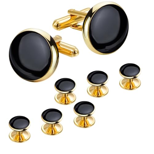 VAMA FASHIONS Round Cufflinks and Studs Formal Shirt Wedding Cuff Links set for Men (Gold Black Cuff Links Studs)