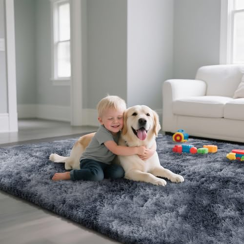 Fluffy Rug Shaggy Area Rug, Mottling Dark Grey 8x10 Area Rugs for Living Room, Large Shag Area Rugs for Bedroom Kids Room Home Decor, Upgrade Anti-Skid Rectangular Fuzzy Rugs