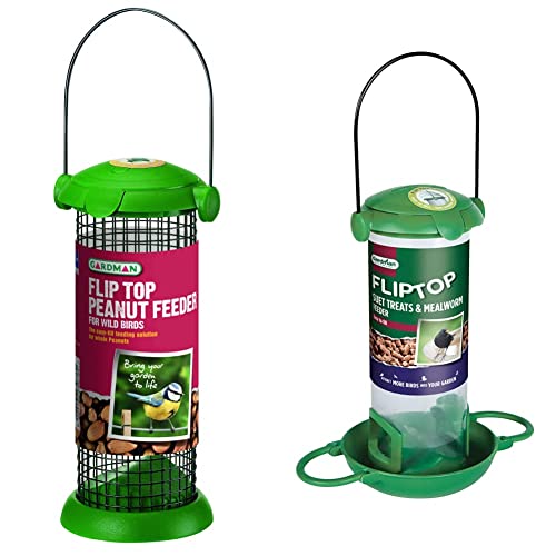 Image of Gardman A01231 Flip Top Peanut Feeder Bird, Green & A04298 Flip Top Suet Treat and Mealworm Bird Feeder, Natural, 20.0 cm*10.0 cm*17.0 cm