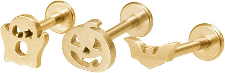 3Pcs 16G Ghost Bat Pumpkin Stainless Steel Cartilage Earrings Labret Monroe Lip Rings Tragus Helix Studs Earrings Halloween Piercing Jewelry