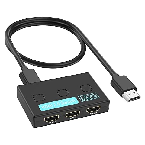 HDMI Switch 4K@60Hz, 3 in 1 Out HDMI Switch, 3 Port HDMI Switcher Box with HDMI Cable, Supports 4K, 1080P, 3D, HDMI 2.0, HDR, Compatible with Fire Stick 4K, HDTV, PS4/5, Game Consoles, PC Cover