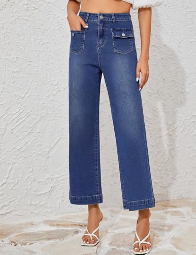 AMPOSH Women's Mid-Rise Cropped Flare Jeans with Wide Leg & Stretch | Trendy Baggy Denim Pants with 4 Pockets4