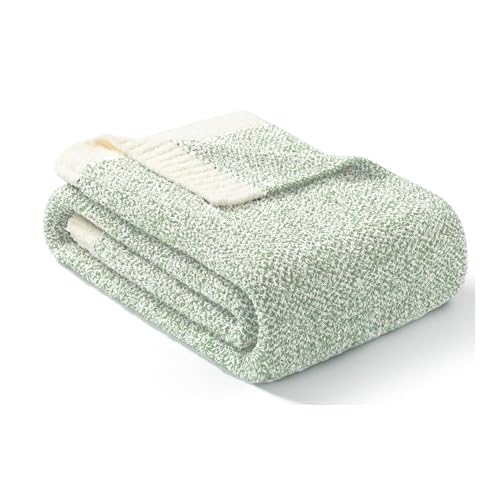 Image of Snuggle Sac Heather Sage Green Throw Blanket for Couch, Reversible Super Soft Knitted Blankets Warm Cozy Fuzzy Throws for Sofa, Bed, Camping, Sage Green, 50x60 inches