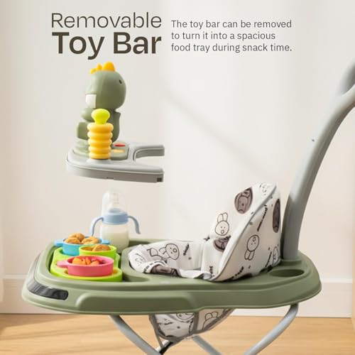 Image of Baybee 3-in-1 Convertible Baby Walker for 6-18 Months with Rocking Mode, Removable Toy Bar, Inbuilt Music, 3-Level Height Adjustment, Smooth Wheels & Parental Handle | Foldable Infant Activity Walker with Cushioned Seat (Green)
