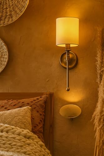 Image of AKWAY Antique Brass Finish Wall Lamps for Living Rooms with Bamboo Shade | Rattan and Cane Wall Lights for Bedroom | Wicker Wall scones - (Fabric Cylindrical - Jhalak)