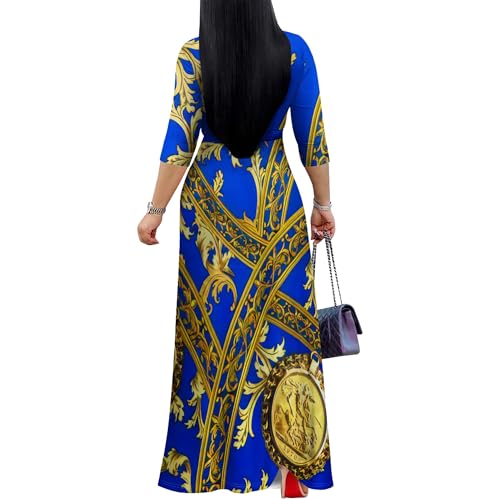Image of PinkPatty Women's Print Maxi Dresses 3 /4 Sleeve Flowy Long Dress V Neck Wrap Tie Waist Sundress
