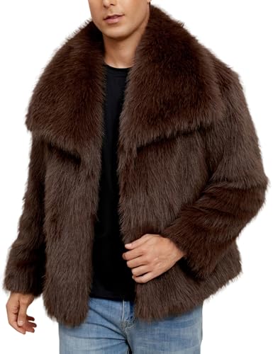 Gihuo Mens Winter Faux Fur Jacket Warm Lapel Shaggy Jackets Short Fur Coat Button Down Outerwear Luxury Overcoat(Coffee-M)