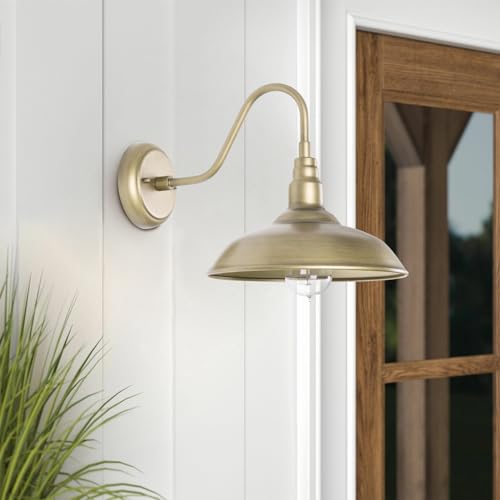 Image of Brass Outdoor Gooseneck Light, 10'' Diameter Gooseneck Barn Wall Sconce for Porch, Exterior Waterproof Farmhouse Light Fixture with Wall Mount, 2 Pack, LM2201-GL-2P