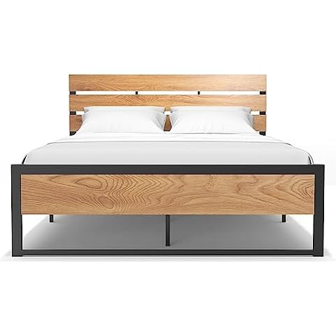 BONSOIR Queen Size Bed Frame Steady Steel Platform with Wood Headboard/Footboard,No Box Spring Needed, Easy Assembly, Squeaking Free (Queen Size) Cover