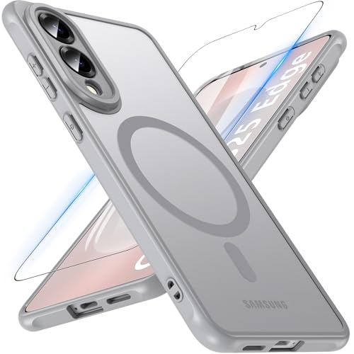 Image of OWKEY for Samsung Galaxy S25 Edge Case 6.7'', Magnetic S25 Edge Case for Magsafe with Tempered Glass Screen, [Shockproof Military] Translucent Back Slim Bumper Cover Phone Case Galaxy s25 Edge, Gray