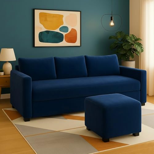 Image of Furny Mavona 3 Seater Fabric Sofa Set (Blue) | Soft Velvet Fabric | Modern Design | Comfortable Seating | Living Room Furniture