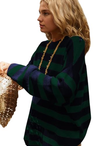 Poetsky Womens Oversized Striped Batwing Long Sleeve Crewneck Cable Knit Spring Fall Pullover Sweaters3