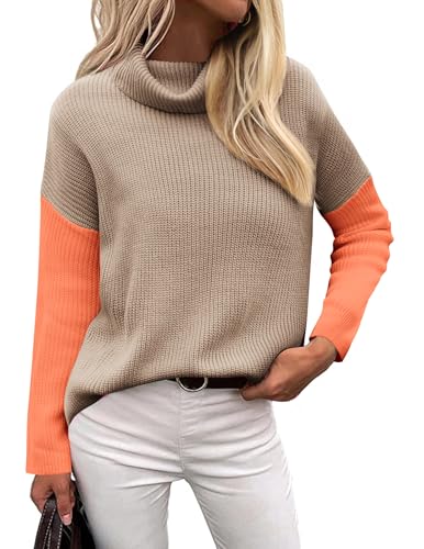 Image of Zeagoo Womens Turtleneck Sweater Fall Fashion 2025 Long Sleeve Chunky Knitted Pullover Color Block Trendy Jumper Top
