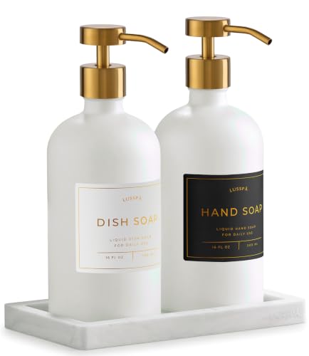 Glass Soap Dispenser Set of 2 (White) with Silicone Tray | Hand and Dish Soap Dispenser for Kitchen and Bathroom | 16.8 Oz Glass Bottles with Stainless Steel Pump & 15 Waterproof Labels (White/Gold) - image 1