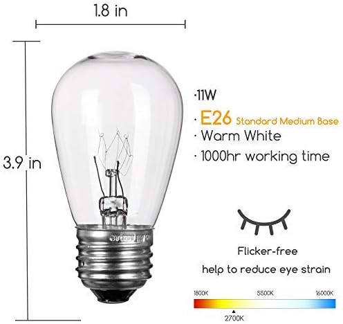 20-Pack S14 Replacement Light Bulbs - 11 Watt Warm Incandescent Edison Light Bulbs with E26 Medium Base for Commercial Grade Outdoor Patio String Lights
