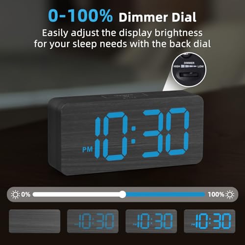 Image of uscce Wooden Digital Alarm Clocks for Bedrooms with 0-100% Dimmable Display | Desk Clock with Large Numbers for Living Room - Loud Dual Alarm for Heavy Sleepers with Volume Control - Wood Decor & Gifts
