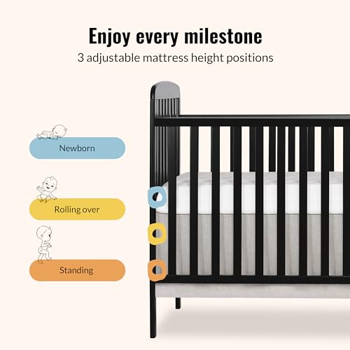 Image of Dream On Me Anna 3-in-1 Convertible Full-Size Baby Crib & Changer with Storage in Black, GreenGuard Gold & BSA, Pinewood, Converts to Day & Toddler Bed, 3 Mattress Heights, 1″ Changing Pad