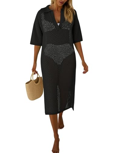 Fisoew Womens Crochet Swimsuit Coverup Summer Hollow Out Short Sleeve V Neck Bikini Coverups Vacation Beach Maxi Dress Black