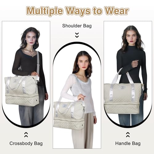 Geestock Travel Duffle Bag for Women Men, Expandable Weekender Overnight Bags with Shoes Compartment, Lightweight Carry on Personal Item Duffle Gym Bag for Travel, Airplanes, Sports (Off-White)4